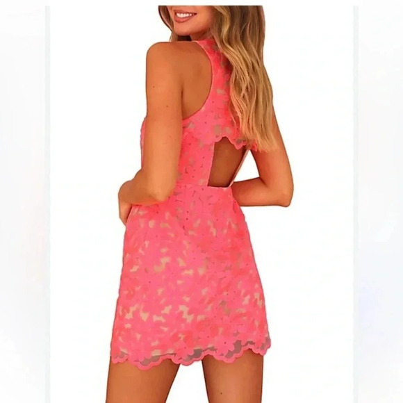 NWT Adelyn Rae Mila Fitted Mini Shift Dress
Lace Cut Out Back Barbie Pink size S - Picture 2 of 5